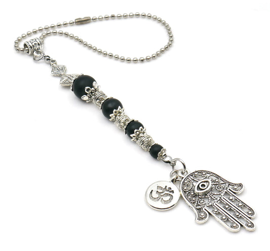 Evil Eye Protection | Hamsa Hand Hand of Fatima | OM | 4 Natural Black Nazar Bead | Car Rearview Mirror Ornament | Good Luck & Positive Vibe