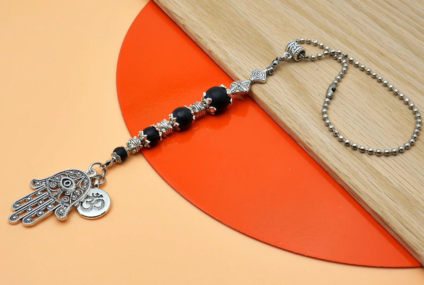 Evil Eye Protection | Hamsa Hand Hand of Fatima | OM | 4 Natural Black Nazar Bead | Car Rearview Mirror Ornament | Good Luck & Positive Vibe