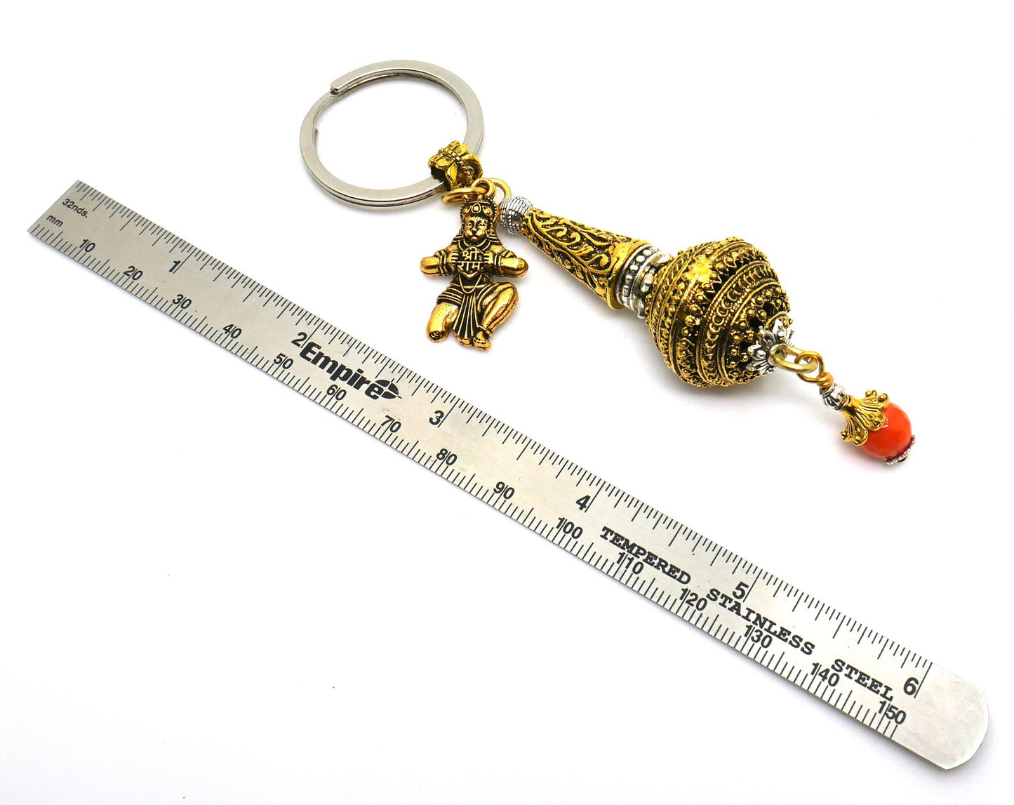 Hanuman ji ke Gada & Hanuman ji Charm Evil Eye Protection Blue Glass Bead-Rare to Find Combination in Key Ring for Home/Car/Office/Business
