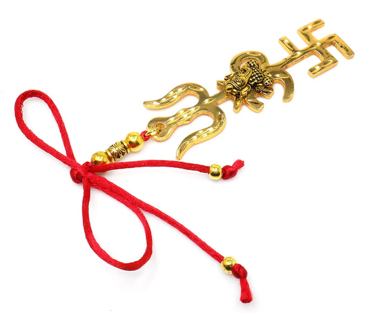 Trishakti Yantra | Trishul | OM | Swastik | Ganesha | Golden | Car Mirror Ornament | Good Luck | Positive Vibrations | Success | Prosperity