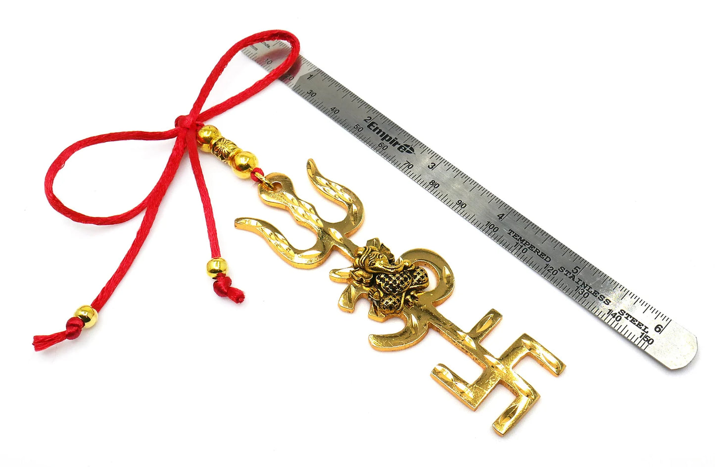 Trishakti Yantra | Trishul | OM | Swastik | Ganesha | Golden | Car Mirror Ornament | Good Luck | Positive Vibrations | Success | Prosperity