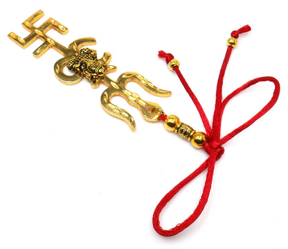 Trishakti Yantra | Trishul | OM | Swastik | Ganesha | Golden | Car Mirror Ornament | Good Luck | Positive Vibrations | Success | Prosperity