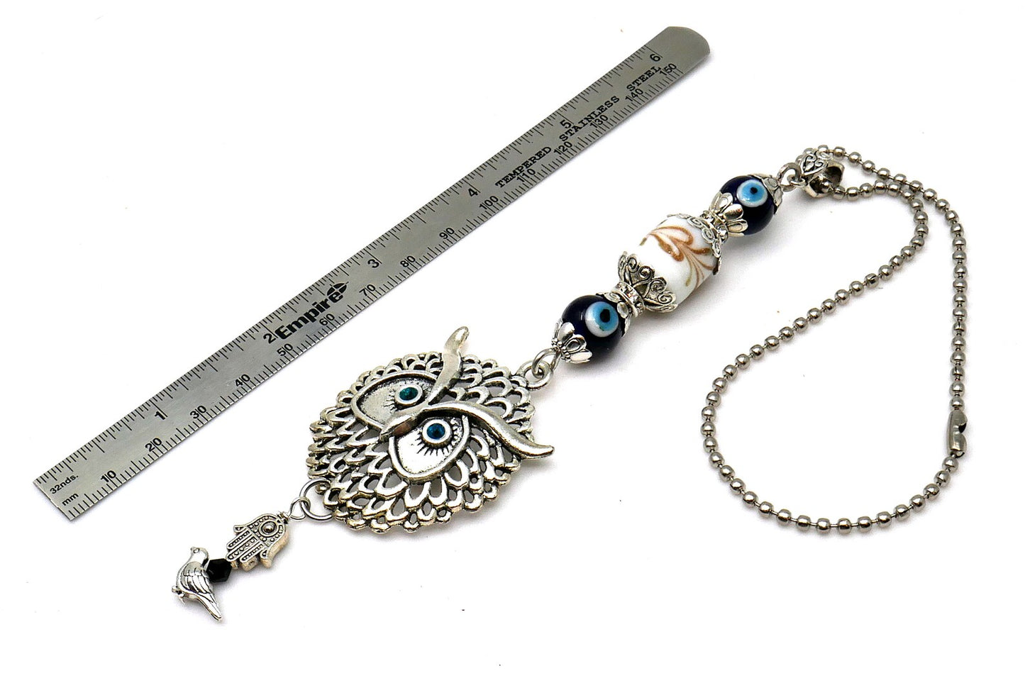 Owl | Evil Eye Protection | Car Mirror Charm Ornament | Lucky Owl Key Ring for Good Luck | Positive Vibes | Intuition Power | Inner Wisdom