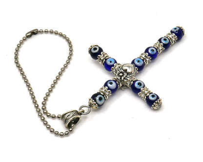 Holy Cross Pendant | Blue Glass Beads | Evil Eye Protection | Car Rearview Mirror Ornament | Blessings | Hope Faith Believe Protection |