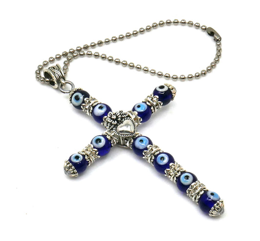 Holy Cross Pendant | Blue Glass Beads | Evil Eye Protection | Car Rearview Mirror Ornament | Blessings | Hope Faith Believe Protection |