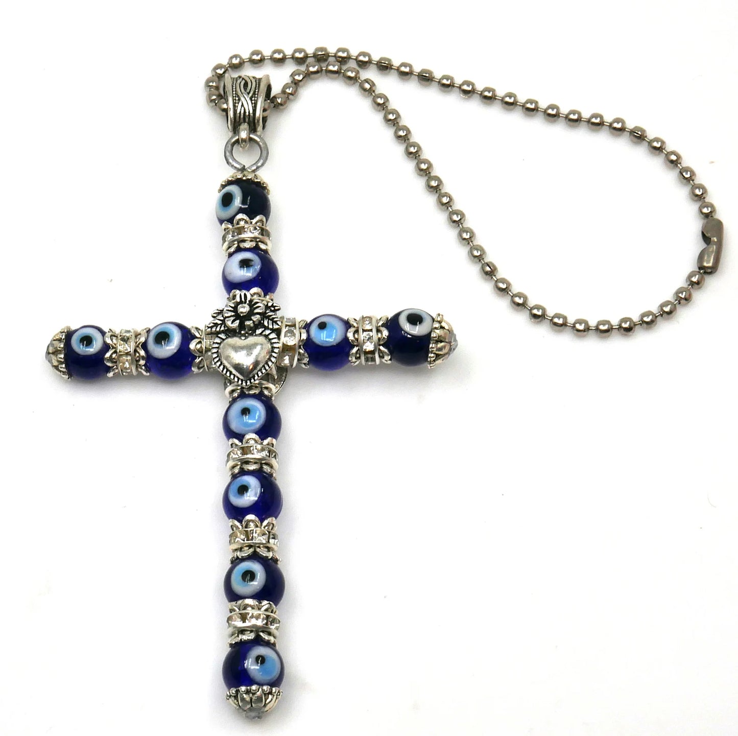 Holy Cross Pendant | Blue Glass Beads | Evil Eye Protection | Car Rearview Mirror Ornament | Blessings | Hope Faith Believe Protection |
