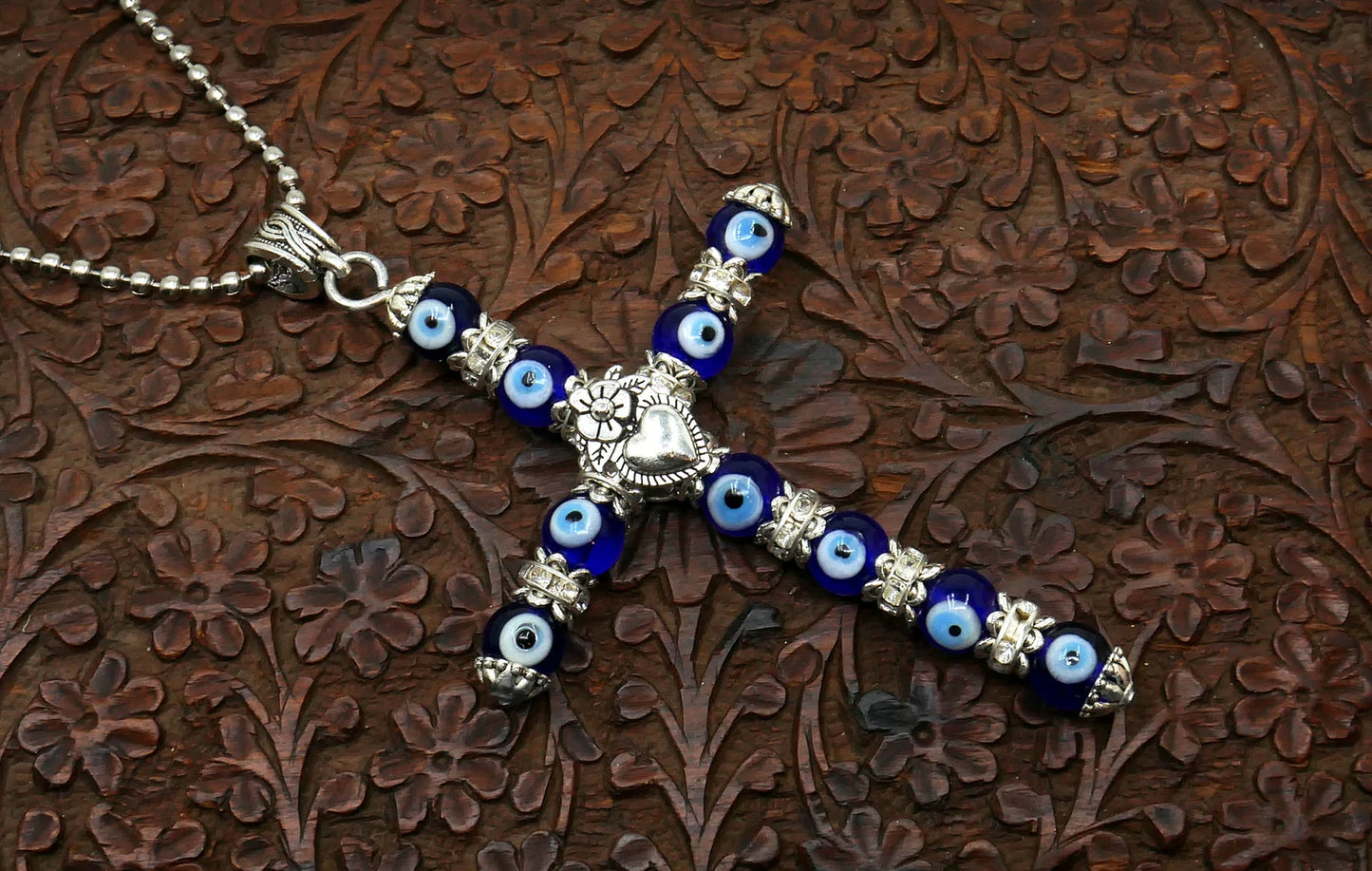Holy Cross Pendant | Blue Glass Beads | Evil Eye Protection | Car Rearview Mirror Ornament | Blessings | Hope Faith Believe Protection |