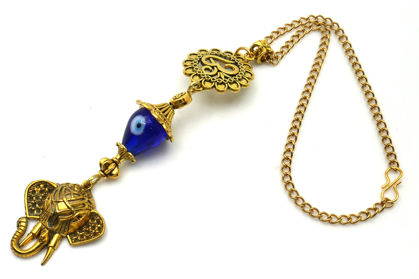 Divine OM n Lucky Elephant Head Pendant Evil Eye Protection Car Rear Mirror Hanging | Ganesha Obstacles Protection Hanging | Namaste Gift