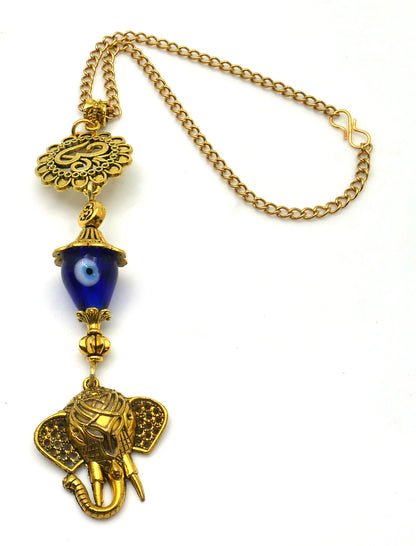 Divine OM n Lucky Elephant Head Pendant Evil Eye Protection Car Rear Mirror Hanging | Ganesha Obstacles Protection Hanging | Namaste Gift