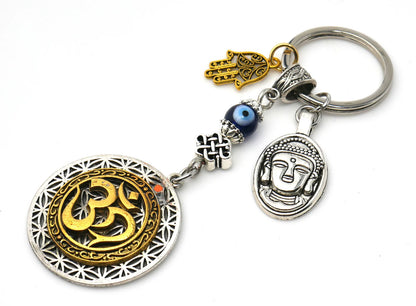 OM Flower of Life Buddha & Hamsa Charm Evil Eye Protection Blue Glass Bead Key Ring for Good Vibes, Good Fortune and Good Luck