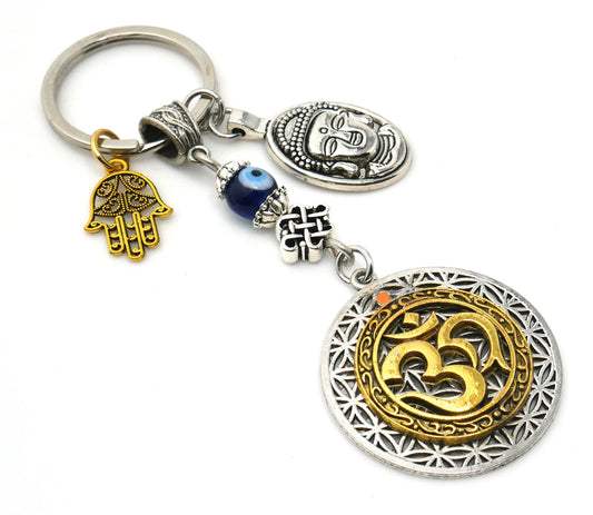 OM Flower of Life Buddha & Hamsa Charm Evil Eye Protection Blue Glass Bead Key Ring for Good Vibes, Good Fortune and Good Luck