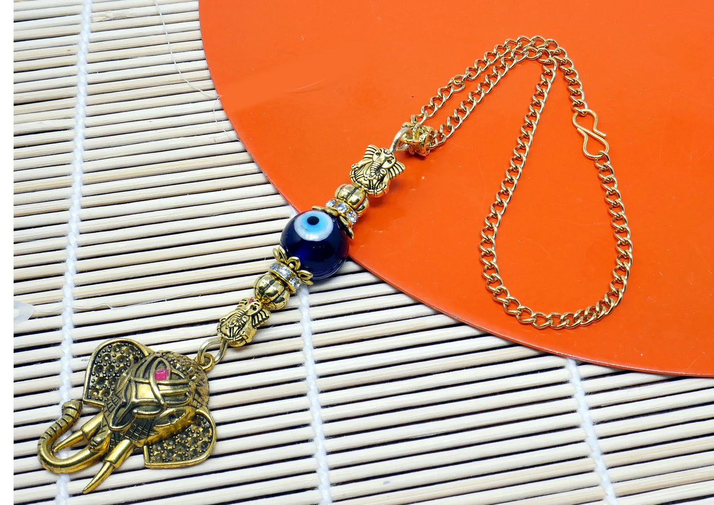 Divine OM n Lucky Elephant Head Pendant Evil Eye Protection Car Rear Mirror Hanging | Ganesha Obstacles Protection Hanging | Namaste Gift