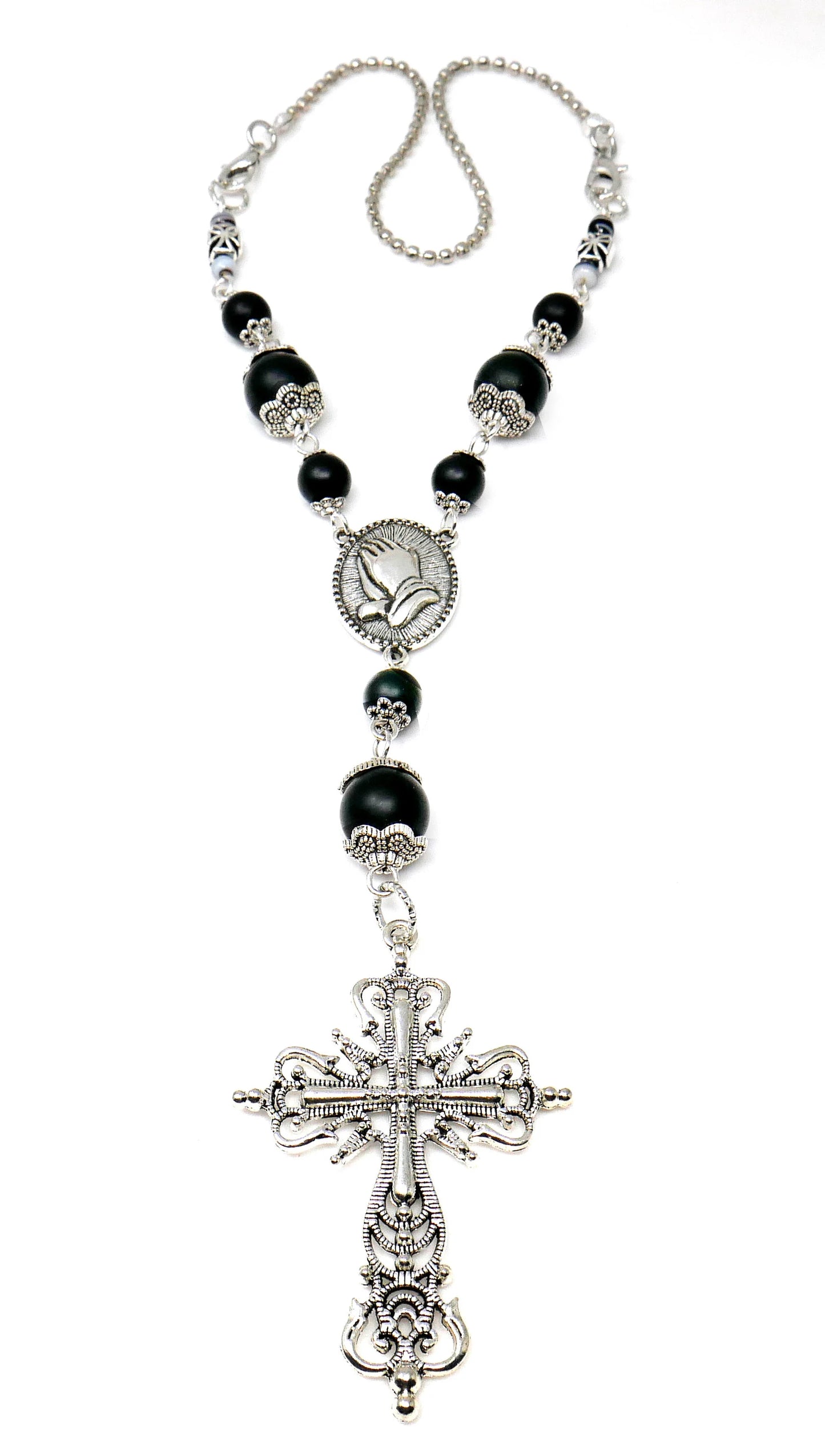 Holy Cross Pendant | Natural Stone Beads | Antique Silver Plated | Car Rearview Mirror Ornament | Blessings | Faith | Hope