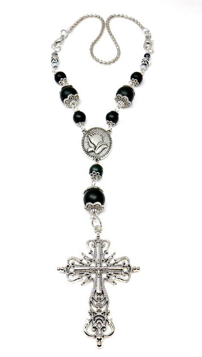 Holy Cross Pendant | Natural Stone Beads | Antique Silver Plated | Car Rearview Mirror Ornament | Blessings | Faith | Hope