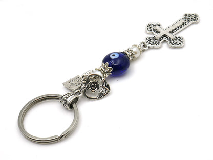 Holy Cross Pendant Key Ring | Blue Glass Beads | Evil Eye Protection Key Ring/Key Chain | Blessings | Hope Faith Believe Protection |