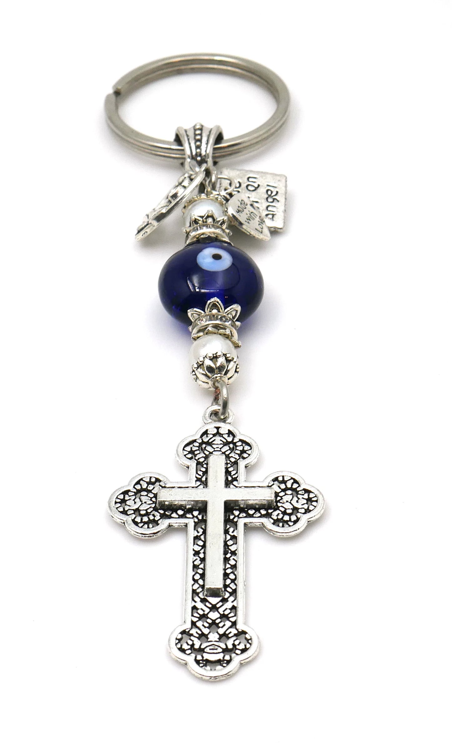 Holy Cross Pendant Key Ring | Blue Glass Beads | Evil Eye Protection Key Ring/Key Chain | Blessings | Hope Faith Believe Protection |