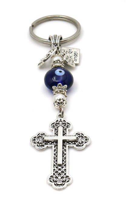 Holy Cross Pendant Key Ring | Blue Glass Beads | Evil Eye Protection Key Ring/Key Chain | Blessings | Hope Faith Believe Protection |