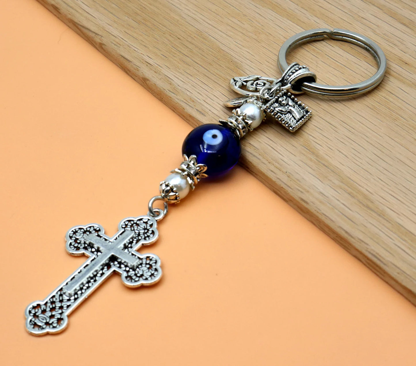 Holy Cross Pendant Key Ring | Blue Glass Beads | Evil Eye Protection Key Ring/Key Chain | Blessings | Hope Faith Believe Protection |