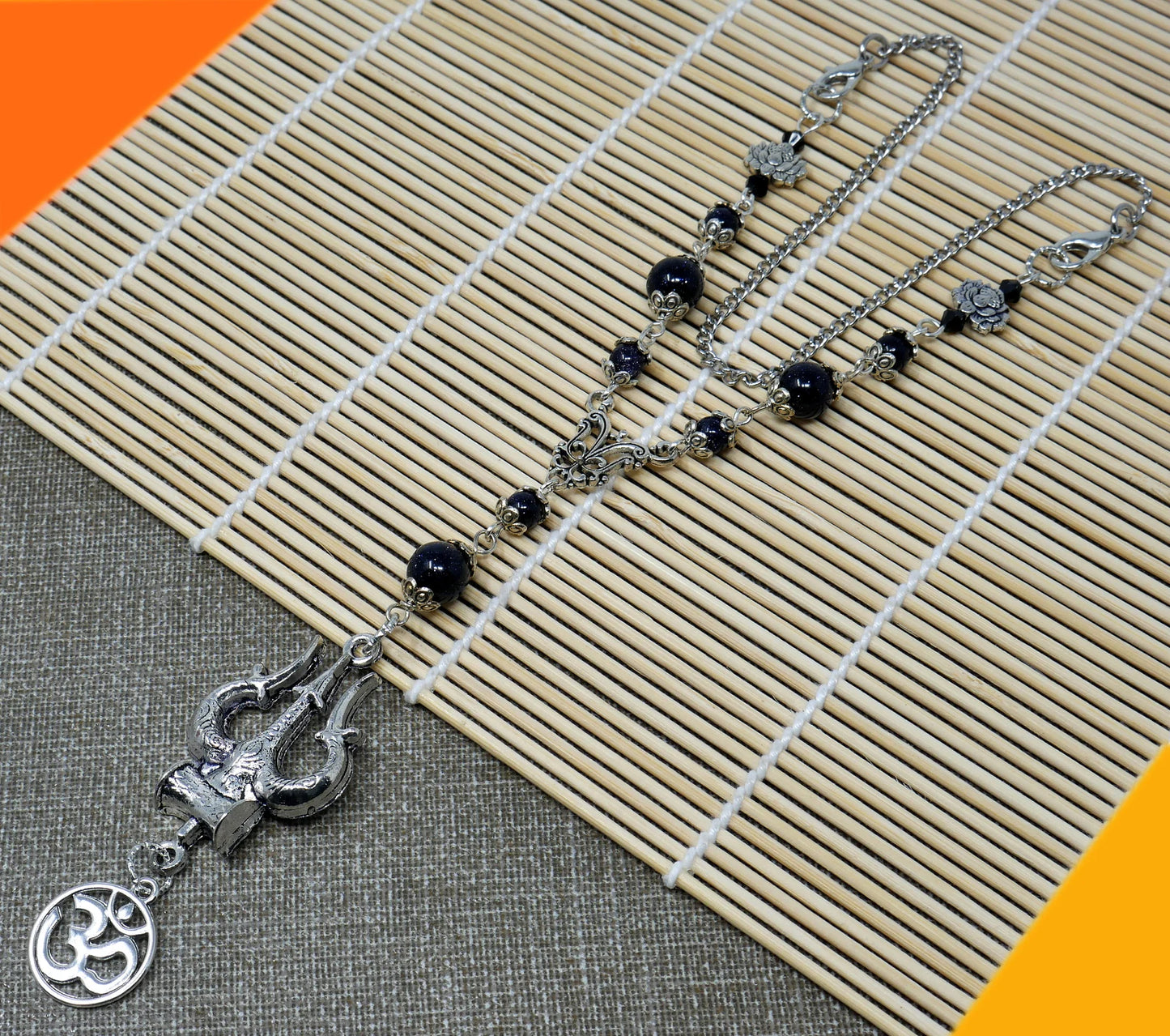 Lord Shiva Trishul Damru & Om Car Mirror Hanging, Natural Blue Sand Stone Beads and Baba Bholenath/Shiv Shambhu Trishul Protection Hanging