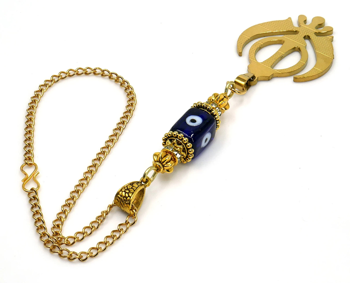 Evil Eye Protection Punjabi Khalsa Sikh Kaur Khanda Sahib ji (Sikh Faith) Gold Plated Car Mirror Hanging, Sikh Religious Khanda Décor