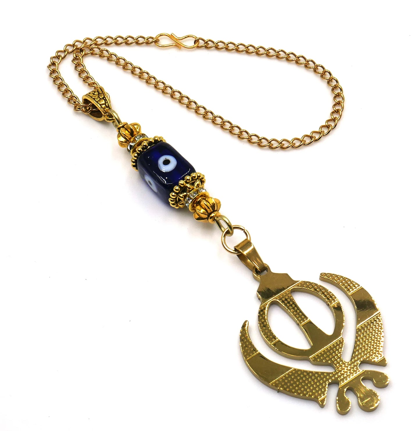 Evil Eye Protection Punjabi Khalsa Sikh Kaur Khanda Sahib ji (Sikh Faith) Gold Plated Car Mirror Hanging, Sikh Religious Khanda Décor