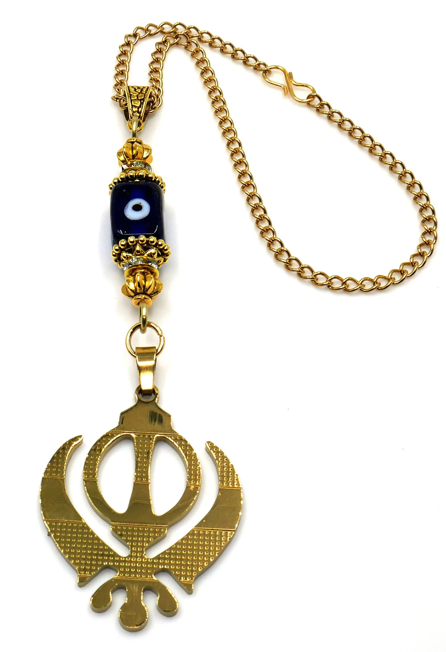 Evil Eye Protection Punjabi Khalsa Sikh Kaur Khanda Sahib ji (Sikh Faith) Gold Plated Car Mirror Hanging, Sikh Religious Khanda Décor