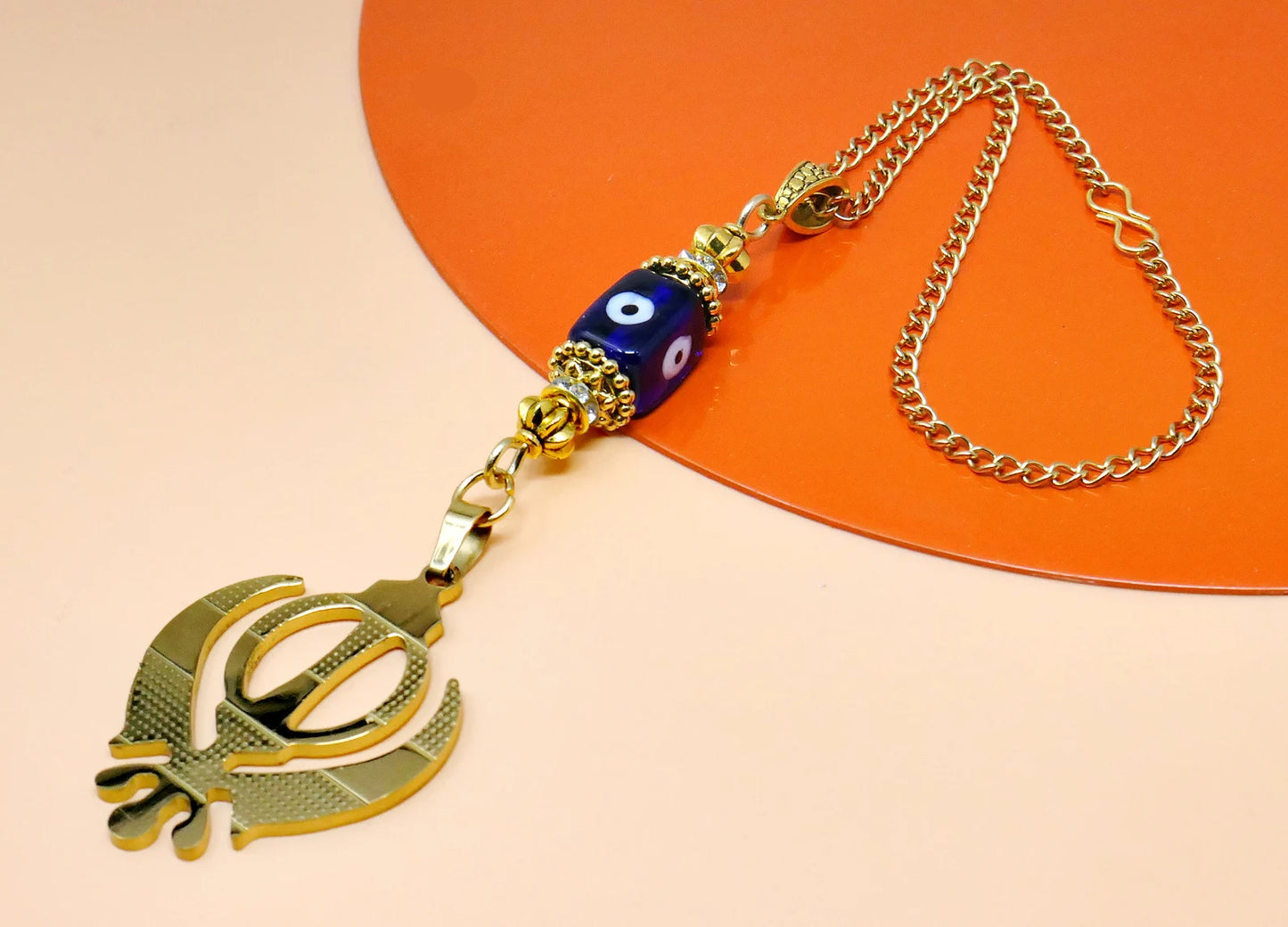 Evil Eye Protection Punjabi Khalsa Sikh Kaur Khanda Sahib ji (Sikh Faith) Gold Plated Car Mirror Hanging, Sikh Religious Khanda Décor