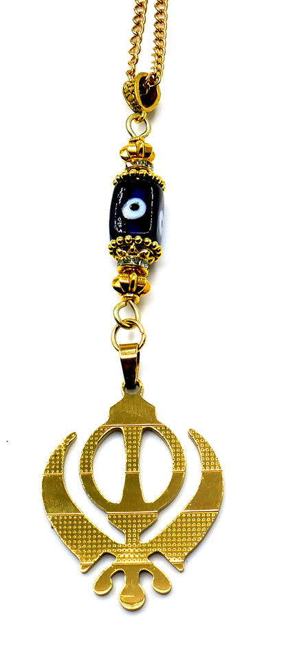 Evil Eye Protection Punjabi Khalsa Sikh Kaur Khanda Sahib ji (Sikh Faith) Gold Plated Car Mirror Hanging, Sikh Religious Khanda Décor