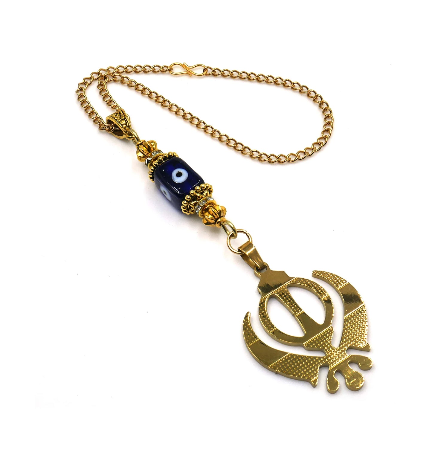 Evil Eye Protection Punjabi Khalsa Sikh Kaur Khanda Sahib ji (Sikh Faith) Gold Plated Car Mirror Hanging, Sikh Religious Khanda Décor