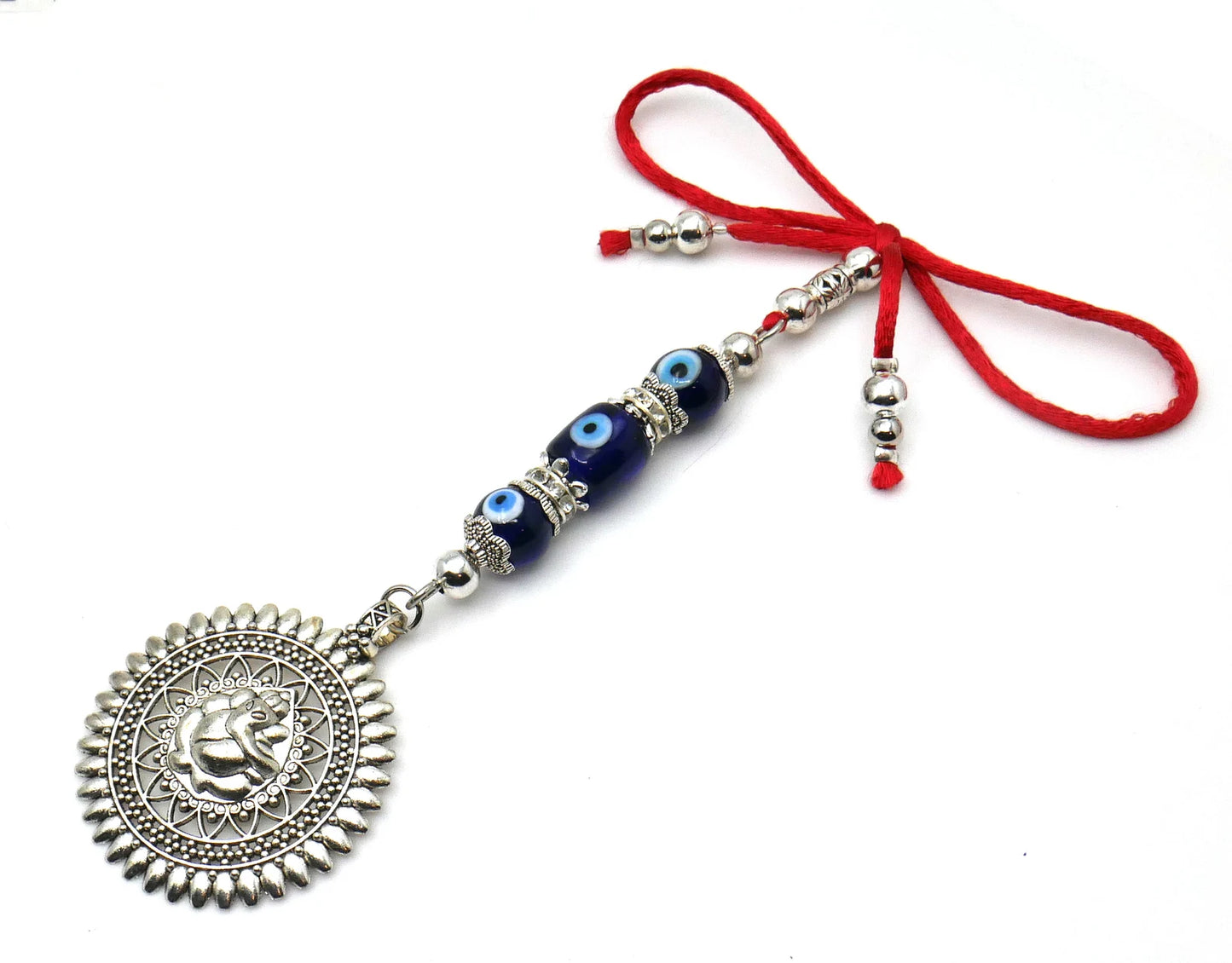 Ganesha | Evil Eye Protection | 3 Evil Eye Beads Car Rearview Mirror Ornament | Good Luck | Happiness | Good Fortune | Success | Prosperity