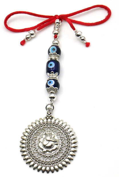 Ganesha | Evil Eye Protection | 3 Evil Eye Beads Car Rearview Mirror Ornament | Good Luck | Happiness | Good Fortune | Success | Prosperity