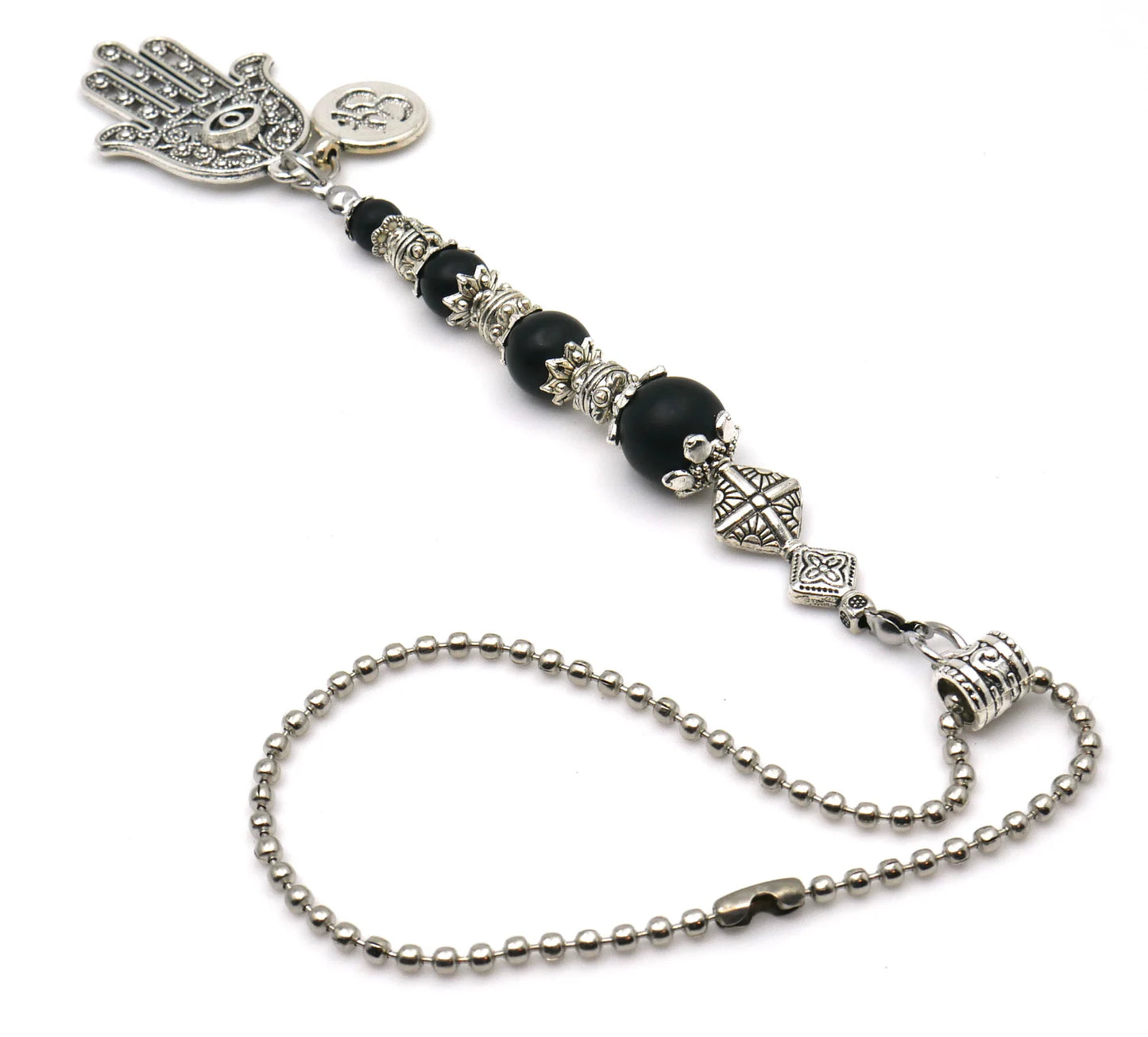 Evil Eye Protection | Hamsa Hand Hand of Fatima | OM | 4 Natural Black Nazar Bead | Car Rearview Mirror Ornament | Good Luck & Positive Vibe