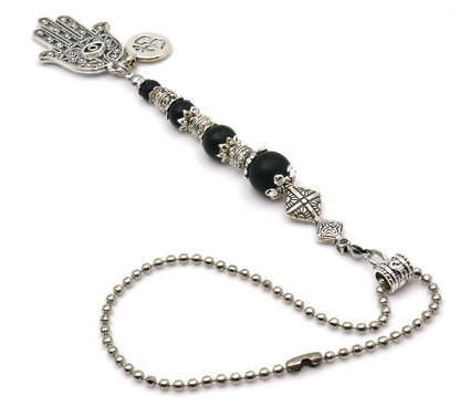 Evil Eye Protection | Hamsa Hand Hand of Fatima | OM | 4 Natural Black Nazar Bead | Car Rearview Mirror Ornament | Good Luck & Positive Vibe