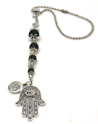 Evil Eye Protection | Hamsa Hand Hand of Fatima | OM | 4 Natural Black Nazar Bead | Car Rearview Mirror Ornament | Good Luck & Positive Vibe
