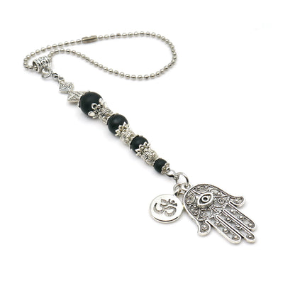 Evil Eye Protection | Hamsa Hand Hand of Fatima | OM | 4 Natural Black Nazar Bead | Car Rearview Mirror Ornament | Good Luck & Positive Vibe