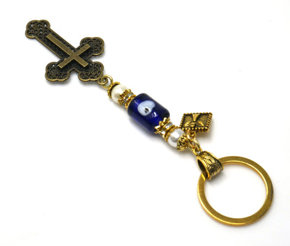 Holy Cross Pendant | Blue Glass Beads | Evil Eye Protection | Antique Gold Plated | Car Rearview Mirror Ornament | Blessings | Faith | Hope