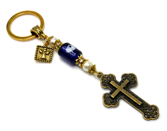 Holy Cross Pendant | Blue Glass Beads | Evil Eye Protection | Antique Gold Plated | Car Rearview Mirror Ornament | Blessings | Faith | Hope