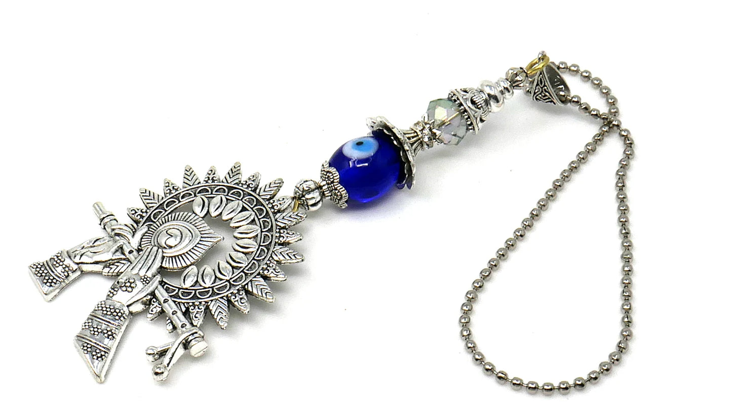 Krishna Pendant Evil Eye Protection Lord Krishna Playing Flute Pendant Car Mirror Hanging, Krishna Protection Amulet, Hindu God Namaste Gift
