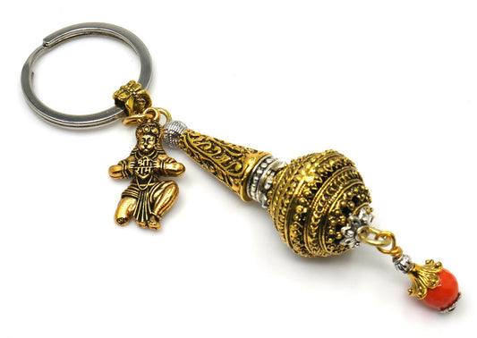 Hanuman ji ke Gada & Hanuman ji Charm Evil Eye Protection Blue Glass Bead-Rare to Find Combination in Key Ring for Home/Car/Office/Business