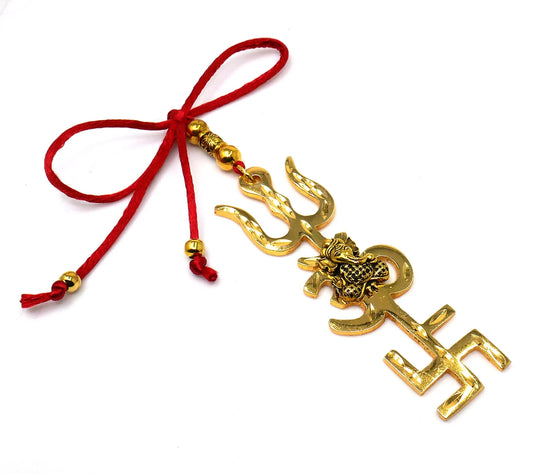 Trishakti Yantra | Trishul | OM | Swastik | Ganesha | Golden | Car Mirror Ornament | Good Luck | Positive Vibrations | Success | Prosperity