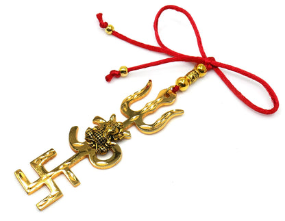 Trishakti Yantra | Trishul | OM | Swastik | Ganesha | Golden | Car Mirror Ornament | Good Luck | Positive Vibrations | Success | Prosperity
