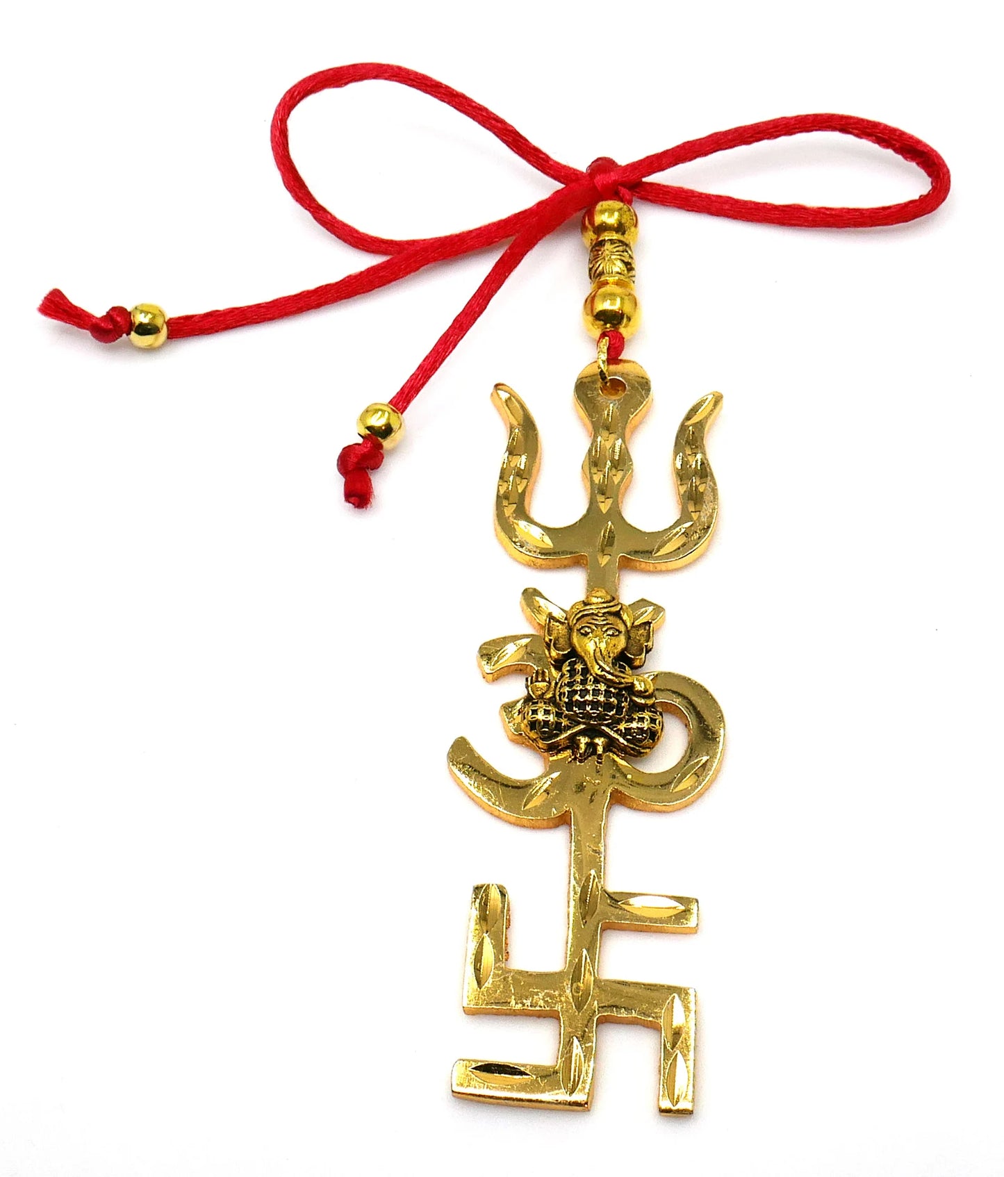 Trishakti Yantra | Trishul | OM | Swastik | Ganesha | Golden | Car Mirror Ornament | Good Luck | Positive Vibrations | Success | Prosperity