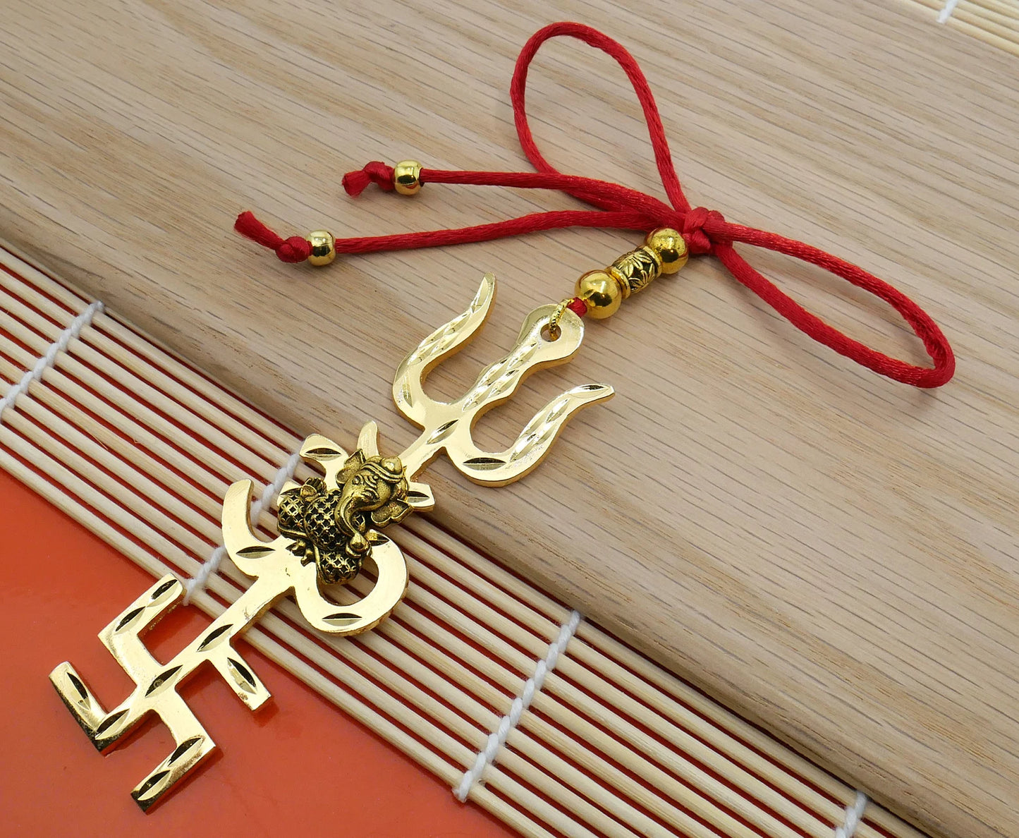 Trishakti Yantra | Trishul | OM | Swastik | Ganesha | Golden | Car Mirror Ornament | Good Luck | Positive Vibrations | Success | Prosperity