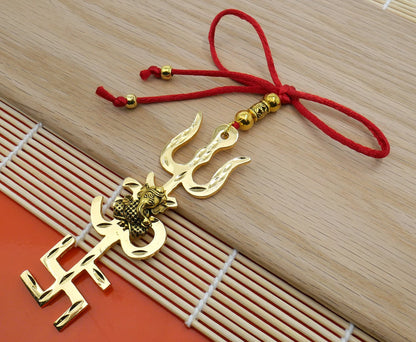 Trishakti Yantra | Trishul | OM | Swastik | Ganesha | Golden | Car Mirror Ornament | Good Luck | Positive Vibrations | Success | Prosperity