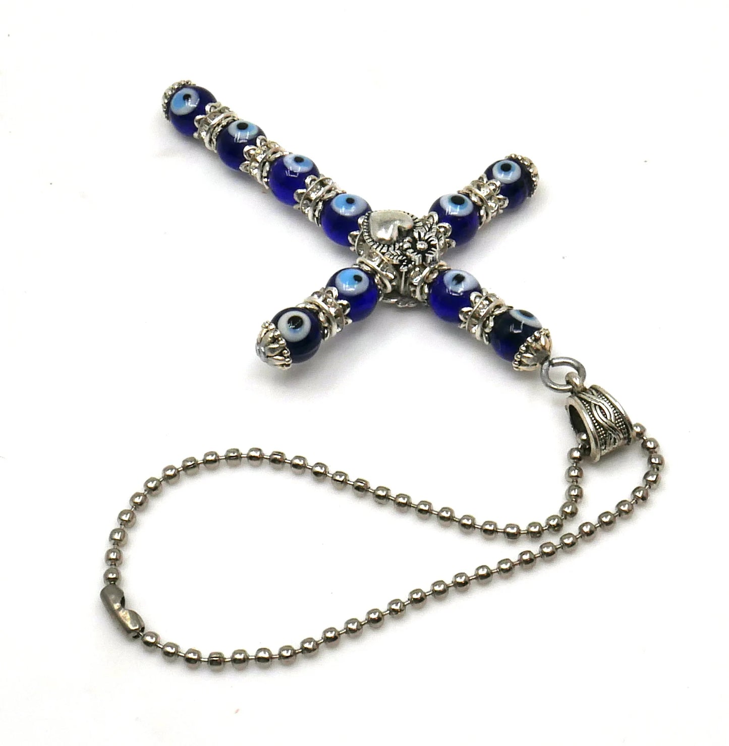 Holy Cross Pendant | Blue Glass Beads | Evil Eye Protection | Car Rearview Mirror Ornament | Blessings | Hope Faith Believe Protection |