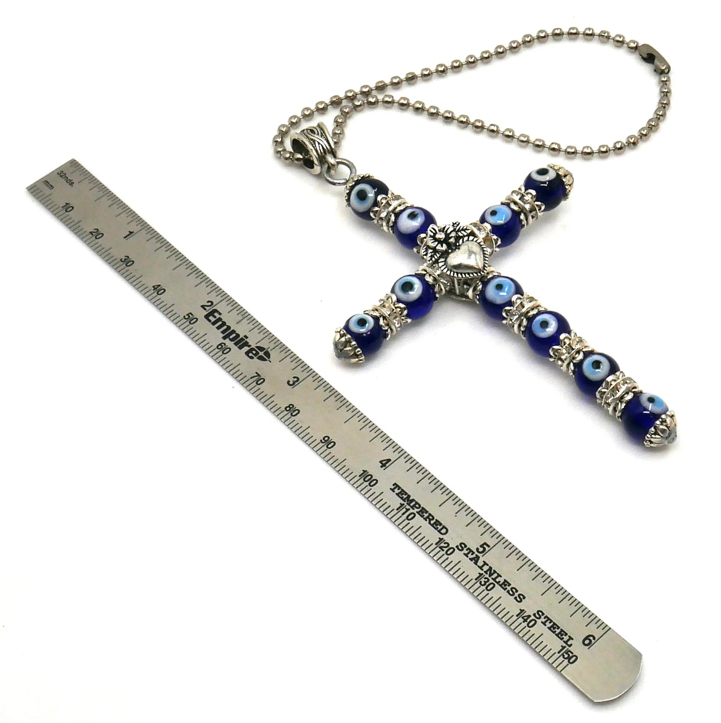 Holy Cross Pendant | Blue Glass Beads | Evil Eye Protection | Car Rearview Mirror Ornament | Blessings | Hope Faith Believe Protection |