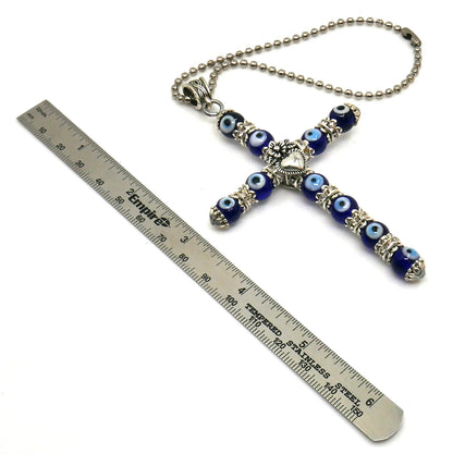 Holy Cross Pendant | Blue Glass Beads | Evil Eye Protection | Car Rearview Mirror Ornament | Blessings | Hope Faith Believe Protection |
