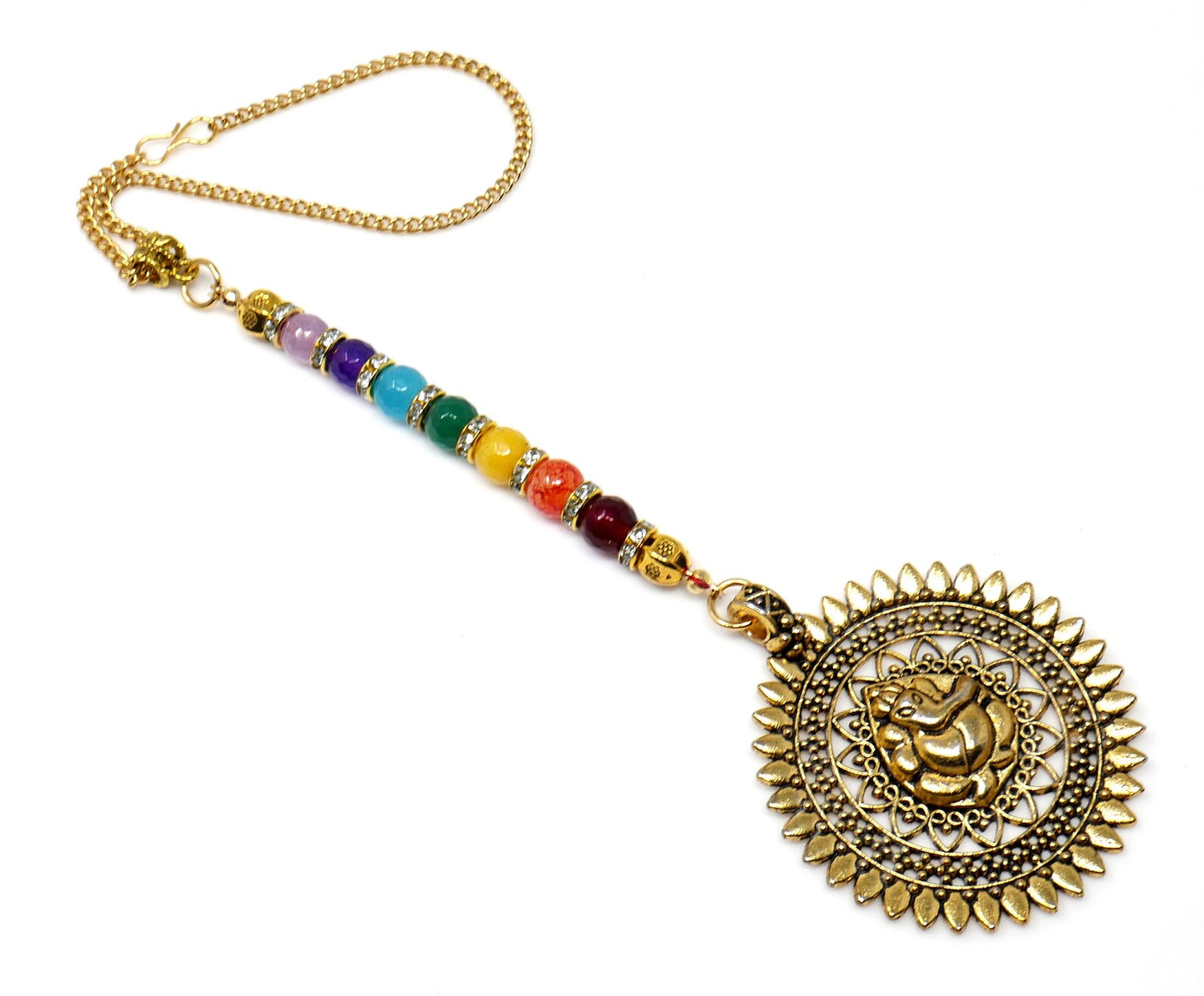 Seven Chakra Lord Ganesha Spiritual Car Rear view Hanging, Seven Chakra Natural Stone Beads Ganesha Mandela Car Mirror Hanging Ornament