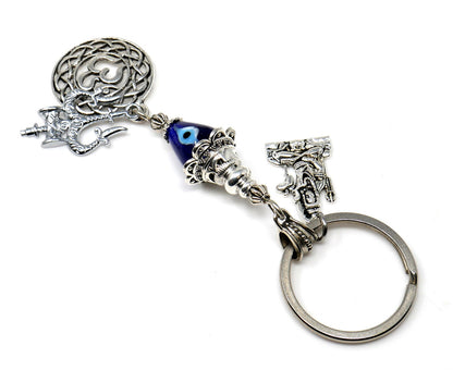 OM & Har Har Mahadev Trishul Charm Evil Eye Protection Key Ring, Shiva Linga Key Ring, Hindu Key Ring, Good Luck Namaste Gift