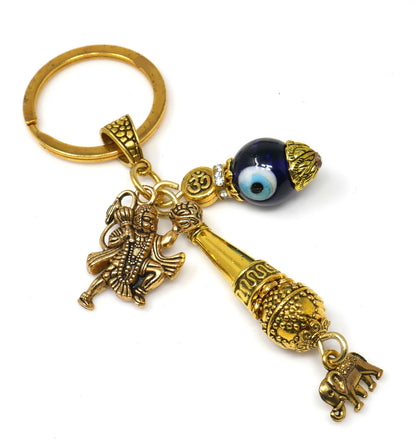 Lord Hanuman ji and Gada Charm & Evil Eye Protection Blue Glass Bead-Rare to Find Combination in Key Ring for Home/Car/Office/Business